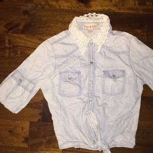 Denim shirt with a lace collar and tie